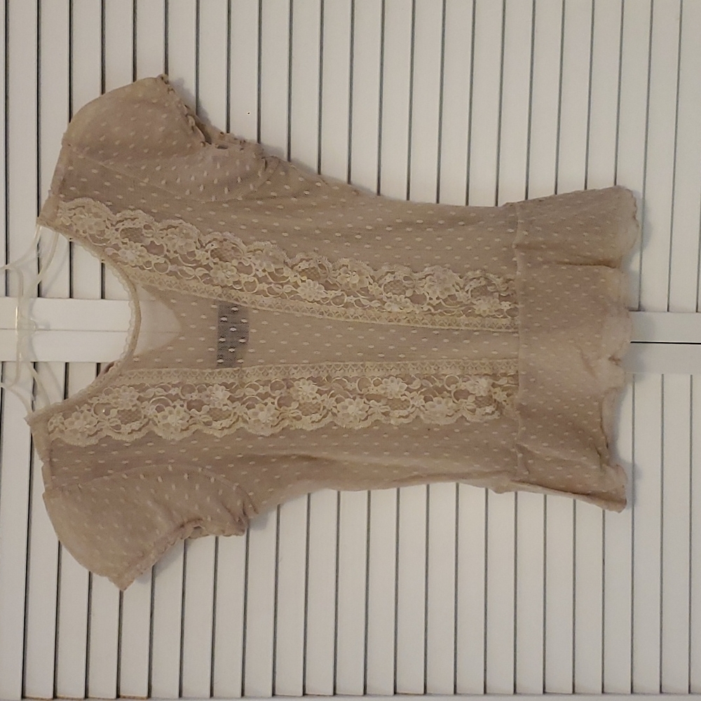 INC International Concepts short-sleeve blouse. Cream, lace accents.